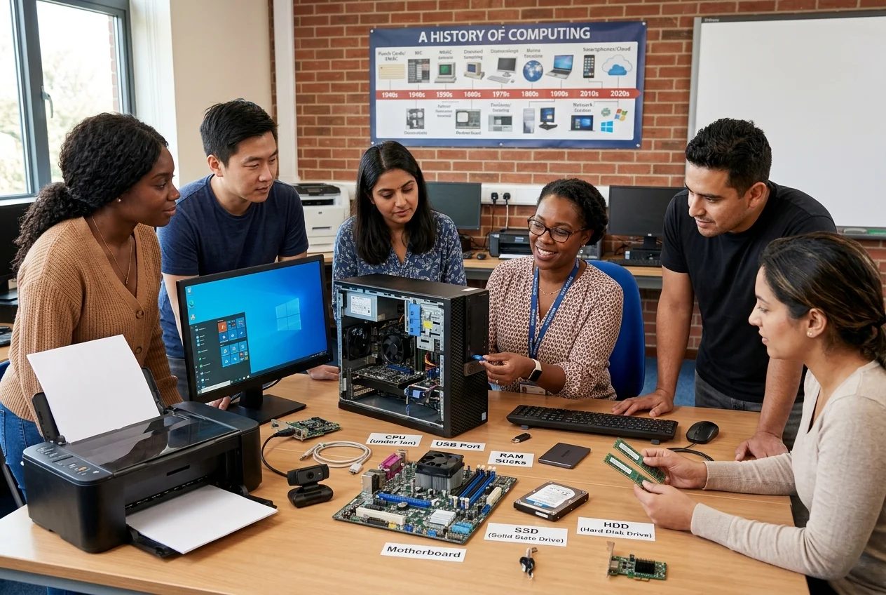 Photorealistic high-resolution classroom scene of a diverse teacher and small group of attentive students gathered around a large table displaying an open desktop tower revealing the motherboard and CPU, visible RAM sticks, SSD and HDD, external USB flash drives, cables, keyboard and mouse; a monitor shows a simple operating system desktop as the teacher demonstrates plugging in a USB device while students carefully handle components. Small clear educational labels (CPU, RAM, SSD, HDD, USB) and a laminated timeline of computing history on the wall (punch cards to smartphone) add context; warm natural lighting, crisp detail and shallow depth of field create an editorial, instructional image ideal for an educational article.