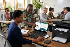 Photorealistic editorial mid-shot of a modern classroom/workspace where a diverse group of adult learners practice hands‑on computer skills. Foreground features a tidy desk with a laptop displaying a split‑screen (formatted document, spreadsheet with chart, file explorer, and an open email with attachment and browser padlock), hands on keyboard and mouse with a teacher pointing at the screen, a printer/scanner ejecting paper, an external hard drive and backup icon, and a smartphone showing email; a visible certificate/laptop wallpaper reads "NCCA124: Computer Applications". Warm natural daylight, shallow depth of field, crisp realistic textures and accurate skin tones create a high‑resolution, professional composition suitable for an article.
