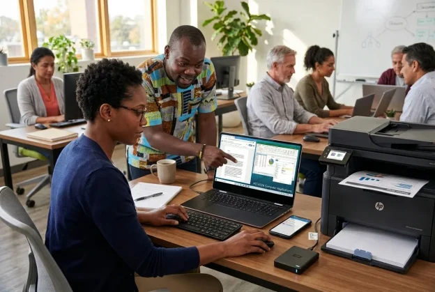 Photorealistic editorial mid-shot of a modern classroom/workspace where a diverse group of adult learners practice hands‑on computer skills. Foreground features a tidy desk with a laptop displaying a split‑screen (formatted document, spreadsheet with chart, file explorer, and an open email with attachment and browser padlock), hands on keyboard and mouse with a teacher pointing at the screen, a printer/scanner ejecting paper, an external hard drive and backup icon, and a smartphone showing email; a visible certificate/laptop wallpaper reads "NCCA124: Computer Applications". Warm natural daylight, shallow depth of field, crisp realistic textures and accurate skin tones create a high‑resolution, professional composition suitable for an article.