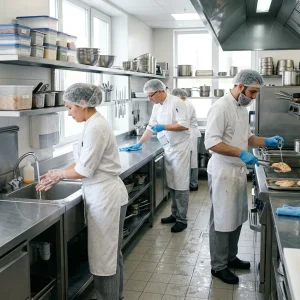 Photorealistic view of a bright, spotless commercial kitchen where staff in clean white uniforms, aprons, hairnets and gloves practice strict hygiene: one chef washes hands at a stainless sink with running water and visible soap lather, another disinfects a counter with a spray bottle and microfiber cloth, and a third uses tongs and a probe thermometer to check cooked food. Shelves hold neatly sealed containers and organized utensils, gleaming stainless surfaces and a clean non-slip floor reflect natural light. Realistic textures, depth of field, and lifelike details emphasize professional safety and order; no text or labels.